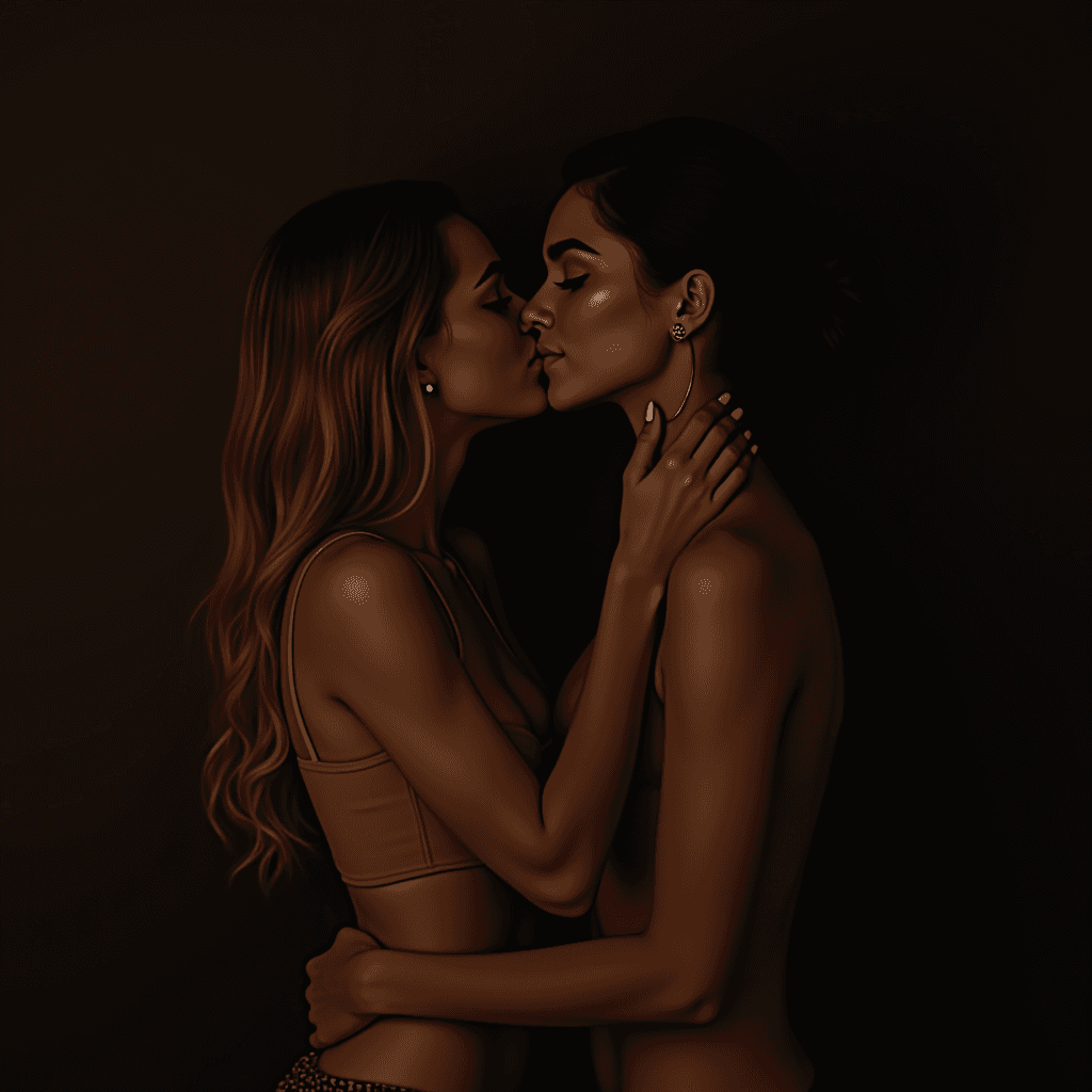 A warmly lit intimate moment between two women, showcasing a tender kiss and embrace.