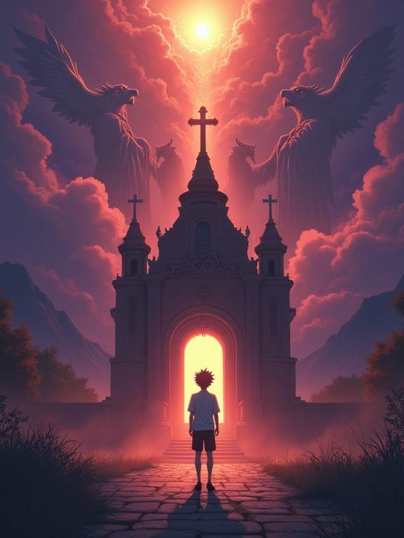 Dramatic anime-style book cover aimed at teens and young adults. High school student Yuto stands alone in front of glowing chapel at dusk. Behind him are celestial figures with 4 faces. Shadowy figures suggest mysterious enemy. Deep lighting with vivid twilight colors. Title O Sopro do Eterno in bold. Author name W. S. Lopes in elegant font. Space for spine and background text.