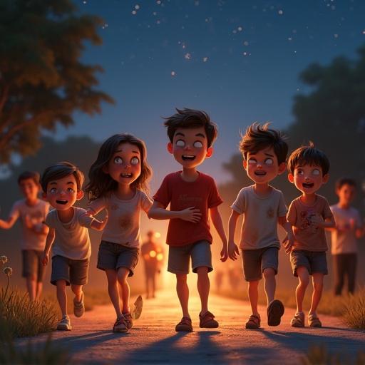 Digital illustration features a group of children walking away along a rural road after fireworks. Children show happy and exhausted expressions. Some have singed clothes and soot on their cheeks. Background features a starry night sky and warm lights from the procession. Scene captures childlike joy, laughter, and camaraderie after a minor disaster.
