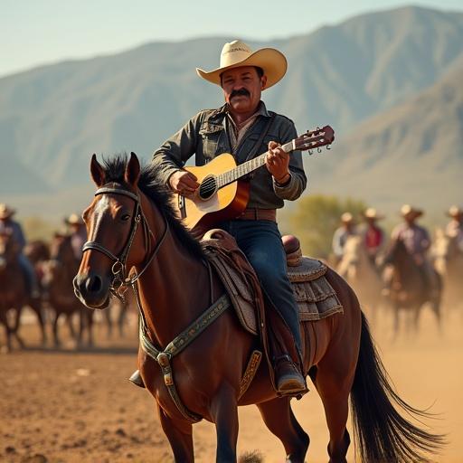 A Mexican charro riding a horse while holding a guitar in the horse corral. The scene depicts a rural landscape with other cowboys in the background.