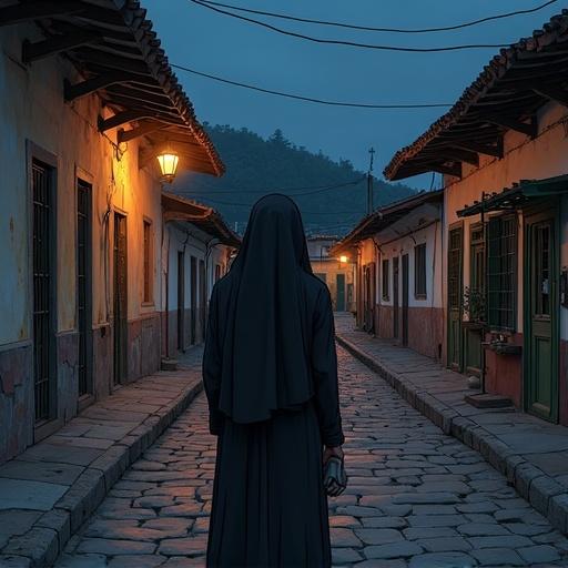 Hand-drawn image of a nun standing alone on a colonial street at night. Street illuminated by warm light from lanterns. Cobblestones visible.