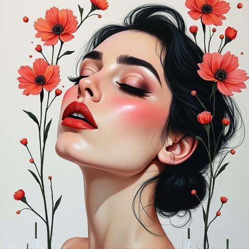 Portrait of a woman with closed eyes and raised head. Black eyelashes and flower-colored lips. Flowers on thin, long stems by her head. A lock of black hair on one side. Sketch with colored pencils over an oil painting background. Represents abstractionism and symmetry.
