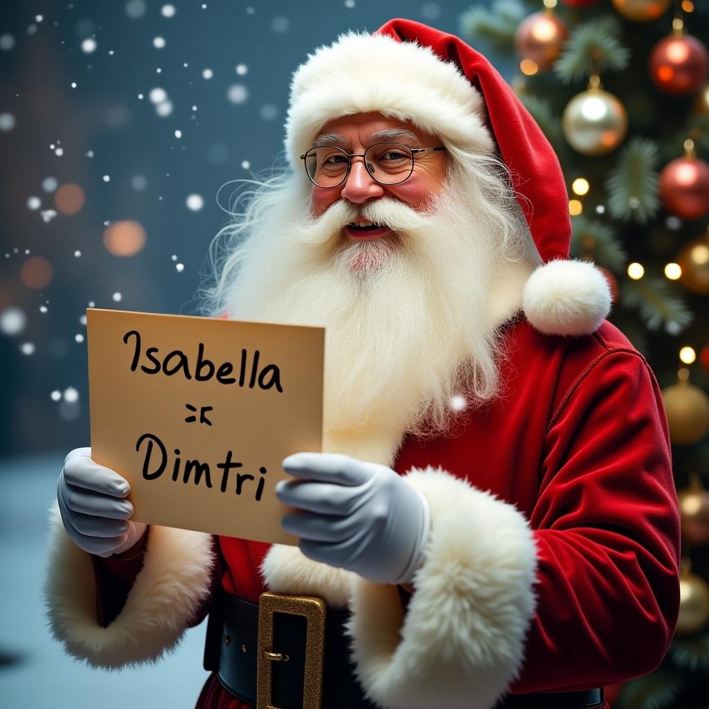 Santa Claus holding a sign with names Isabella and Dimitri. Festive background with Christmas decorations.