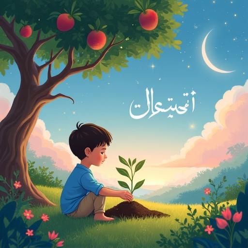 An illustration of a young boy planting a sapling in a peaceful garden. The boy has short dark brown hair, wears a light blue shirt and beige pants. He kneels on lush grass, gently placing a sapling into the soil. A large fruit tree stands nearby with delicate flowers in the background, and a twilight sky with pastel colors. Arabic calligraphy is present.
