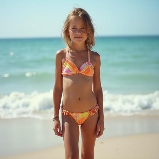 Young girl in a very small two piece swimsuit standing on the beach