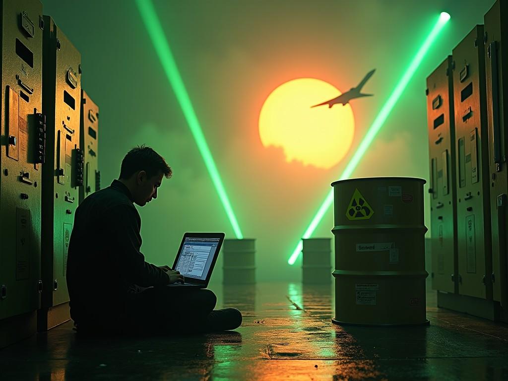 The image depicts an engineer, sitting on the floor of a gloomy lab, programming on a laptop, beside a large electrical control panel. In the distance we see barrels with radiation warnings on them. There are bright green laser beams lighting the background. Our view is partially obscured by smoke. Overhead the sky is lit bright orange by the sun's rays. We see a fighter jet flying past. On a computer monitor, we see the words: "Silex 2" and "Rise of Brendan" are prominently illuminated.