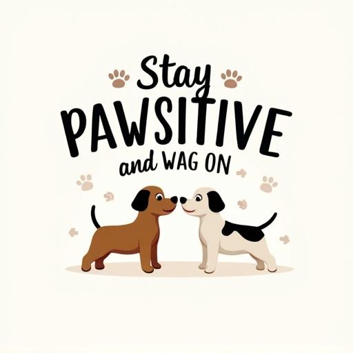Playful design featuring pun phrase Stay PAWSITIVE and WAG ON in mixed black fonts. Two cartoon dogs, smaller brown and larger speckled, face each other. Tiny paw prints replace dots on i’s in PAWSITIVE.