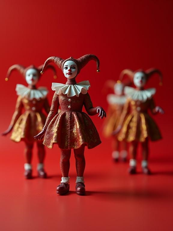 Miniature harlequin figures arranged in a surreal Droste effect on a red background. Soft natural lighting enhances the hyper-realistic rendering. Detailed textures and shallow depth of field create a cinematic composition.
