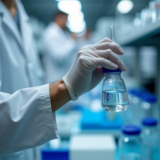 Researcher's hand holding a flask filled with liquid in a laboratory setting. Clean environment with blurred background and bright lighting.