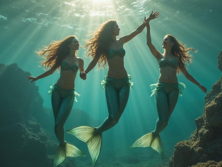 Mermaids are dancing underwater in a vivid, enchanting scene with sunlight streaming through the water surface.