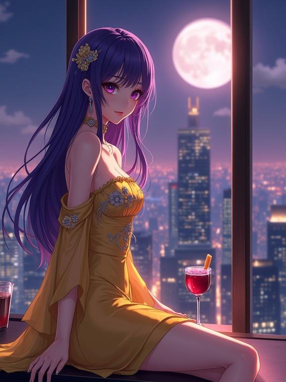 A sexy woman sits gracefully in an upscale lounge. She has expressive violet eyes and long violet hair. She wears an off-shoulder shiny yellow gown with silver floral patterns and sheer sleeves. A wine-red cocktail is on the bar counter. The city skyline glows at night with a full moon. The scene has a semi-anime aesthetic and dramatic lighting.