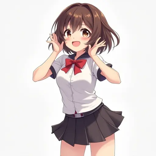 Anime-style character wearing a mini skirt and Japanese school girl uniform. Short brown hair swept to the side. Cheerful expression. Posing with hands near head.