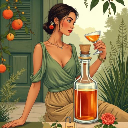 Stunning woman offers toast with cocktail glass. She's in a green boho-style blouse and wrap-skirt. Relaxed on a garden porch. Lower bottle labeled 'ALFRUNO' glows golden-reddish. Roses and rosemary add accents. Lush green garden as background.