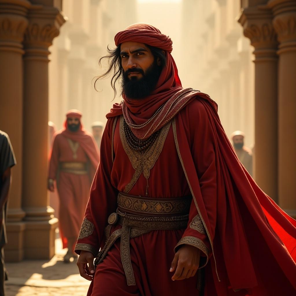 A robed figure in vibrant red attire stands prominently amidst others in the background. The setting displays a historical ambiance with arches and soft lighting. The atmosphere exudes mystery and cultural richness.