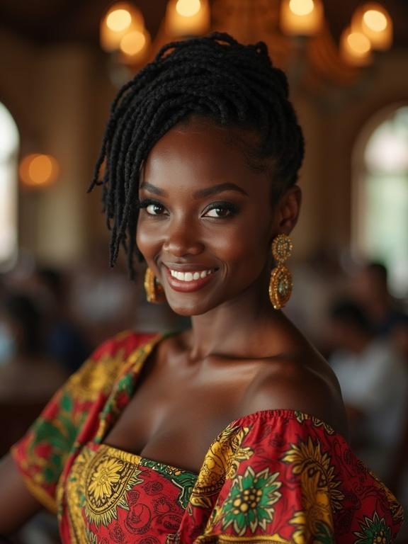 Portrait of a woman in traditional Cameroonian dress with Rasta braids. She shows a warm smile and confident pose. The setting is vibrant and lively, emphasizing cultural beauty and elegance.