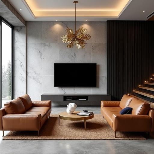 Photograph captures a modern living room design. Two brown leather sofas face each other. A flat-screen TV is mounted on a gray marble wall. A gold round coffee table features books and a white sculpture. A brown textured rug is underneath the coffee table. A large window lets in natural light. A modern chandelier with gold leaves hangs from the ceiling. Wooden stairs with metal railing are to the right. Dark vertical stripes are on the wall. Concrete floor reflects contemporary style.