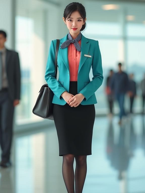 Female airport ground staff in uniform. She wears a coral-pink long-sleeve blouse and turquoise blazer. The pencil skirt is black knee-length. She has black pantyhose and black closed-toe low-heel pumps. Hair is bunned and light makeup enhances her plump face with a friendly smile. A silver name tag and black lanyard with ID badge are visible. A dark-blue gingham scarf is tied around her neck. The background shows the airport terminal. She stands straight with clasped hands, showcasing a kawaii appearance.