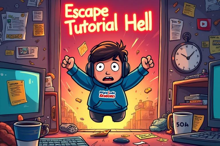 Cartoon-style YouTube thumbnail depicting a ninja student leaping from a chaotic room. The scene filled with video tutorials, sticky notes, and energy. Text reads 'Escape Tutorial Hell' in glowing neon. Ninja wears headphones and has a determined expression.