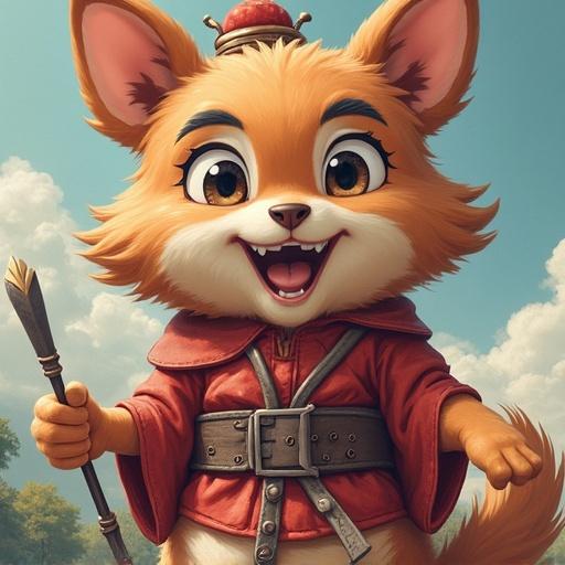 A cartoon fox character with a big smile. The character wears a red outfit and stands in a joyful pose. Tail and ears are prominent and fluffy.