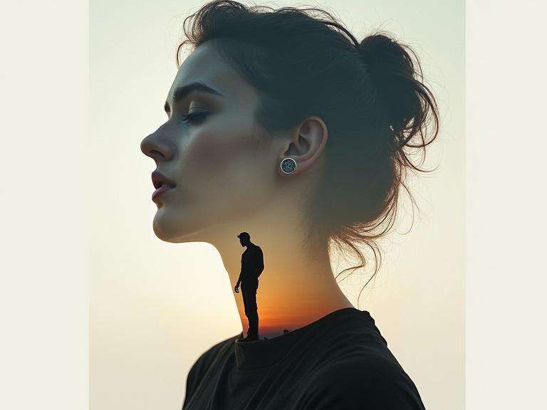 Double exposure artwork showcasing a side profile of a woman blended with a silhouette of a man against a sunset backdrop.