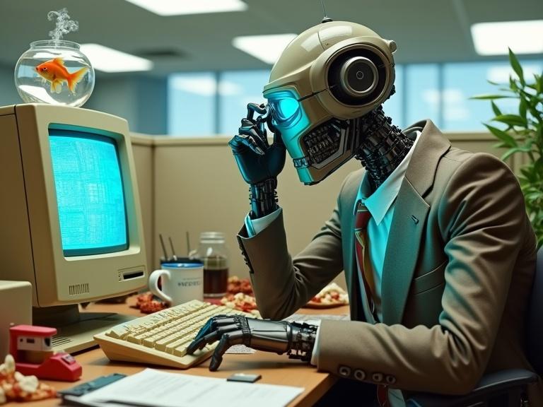 Robot in an ill-fitting suit working at a retro office desk. The robot has eyeglasses and a metallic frame. A desktop PC with a distorted screen is in front. The desk is messy with pizza slices and soda cans. A fishbowl sits on the monitor. The robot looks stressed as it contemplates something. Harsh fluorescent lighting adds to the atmosphere.