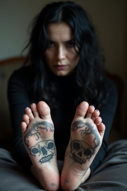 A mature goth woman has long black hair. Her feet are bare, revealing detailed tattoos on her soles. The tattoos feature skull designs.”