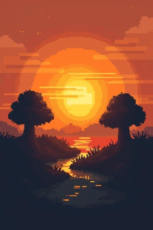 Logo designed for Minecraft server named LokopMC. Sunset in orange colors. Features trees and grass around the river. Center icon shows bread in pixel art. Text includes Team server og lagring. Modern design for a gaming community logo.
