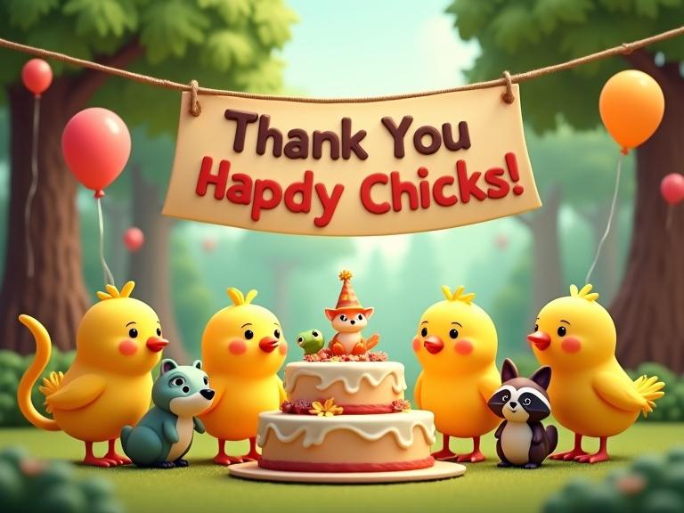 A fun forest scene with cute 3D builder chicks and cheerful animals celebrating a party. There is a cake and bright balloons. A banner displays 'Thank You Handy Chicks!'.