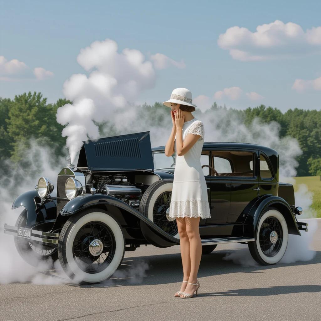 A woman stands beside a vintage 1928 Mercedes-Benz 18/100 PS Sportwagen. She wears a white cloche hat and a short lace dress. Her palms are pressed to her cheeks in a comedic expression of despair, staring at the car's carburetor. The car features an opened hood revealing a straight-six engine surrounded by steam clouds. The scene captures the essence of the 1920s with a lush green background and a slight tilt in perspective.