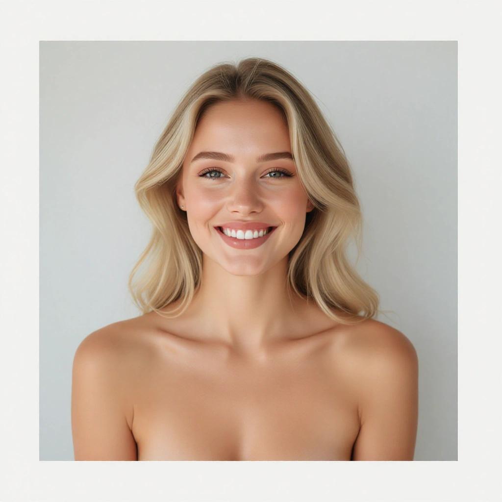 A beautiful young woman with a perfect body is in frame. She is smiling. She is Scandinavian and toned but not buff.