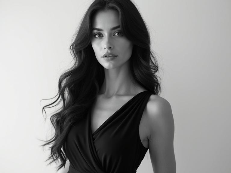 Striking black and white portrait of woman with long wavy hair wearing a black dress in a clean minimalist setting. Studio lighting highlights features. Elegant composition evokes beauty and confidence.