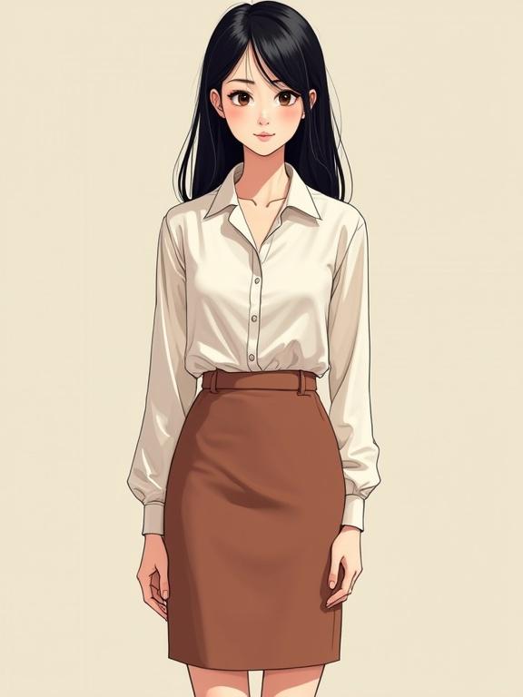 Full body portrait of a teenager Asian female. Features almond-shaped eyes small nose narrow mouth thin lips pale skin and straight black hair. Wears a silk blouse and knee-length skirt. Background is trendy. Style includes soft diffused lights smooth lines and shading comic book illustration with a modern touch.