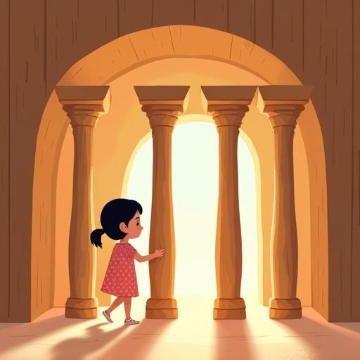 Flat-style illustration depicting a girl exploring her restored wooden house. She interacts with pillars curiously. Bright light fills the space creating warmth. The scene captures a peaceful yet intriguing moment before change.