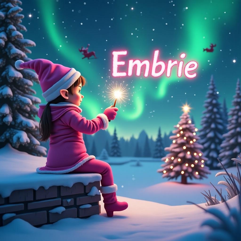 A whimsical scene featuring a pink-clad girl elf sitting on a snowy ledge, with her back to the viewer. She holds a magical wand, using it to spell the name 'Embrie' in sparkling pink letters against the starry sky. In the background, vibrant northern lights illuminate the snowy landscape and a beautifully decorated Christmas tree. Soft lights twinkle in the trees, while a silhouette of Santa can be seen flying in the distance. The overall atmosphere is magical and festive, capturing the essence of Christmas enchantment.