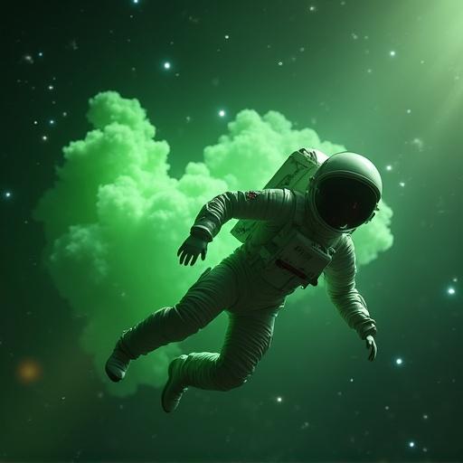An astronaut drifting in outer space. A green blob-like alien is chasing from behind. Cinematic color grading with a wide angle view.