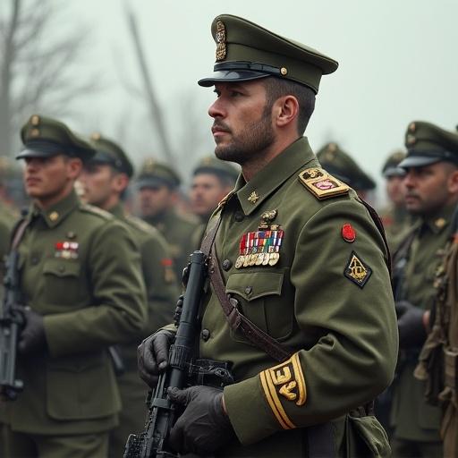 Image of soldiers in military uniform standing in formation. They exhibit discipline and seriousness. Decorations and medals are visible on their uniforms. The setting suggests a historical or memorial context.