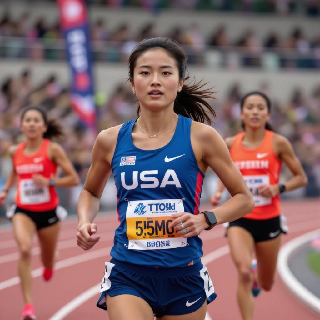 Realistic image of a female athlete competing in track and field. Multiple runners in a race on the track. Bright colors and athletic wear visible. Female athlete's determination shown.