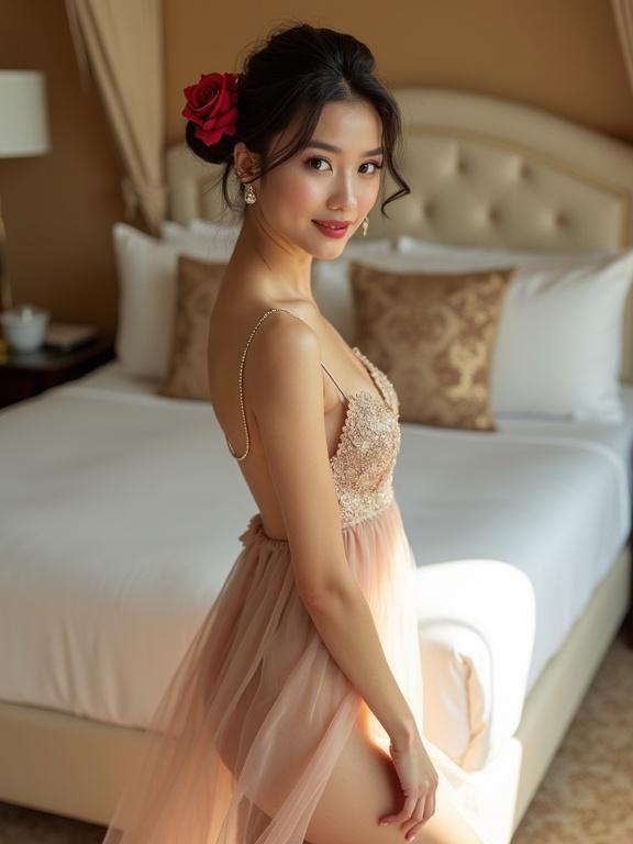 Beautiful young Asian woman in mini dress poses confidently. She stands in luxurious wedding room with sunlight. Hair in bun with red rose. Sheer dress reveals bra. Room has gold and cream tones. Large bed and decorative pillows in background. Mood is serene and fashionable.
