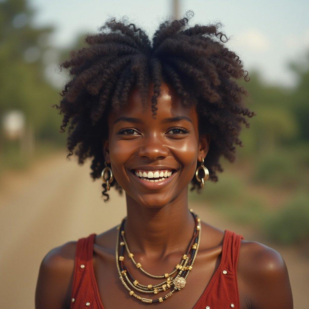 Woman with natural curly hair wearing a necklace standing outdoors. Blurred background with a path.