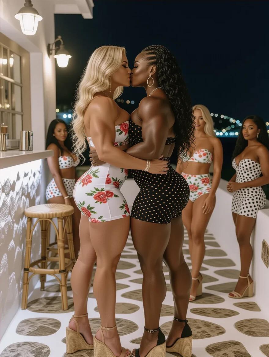 Two tall muscular female bodybuilders embrace in a bar in Mykonos at night. One bodybuilder has blonde wavy hair and wears a floral dress. The other has long black curly hair and wears a polka dot dress. Both wear espadrille heels. They are surrounded by other women. Barwomen observe them. The background features a night sky.