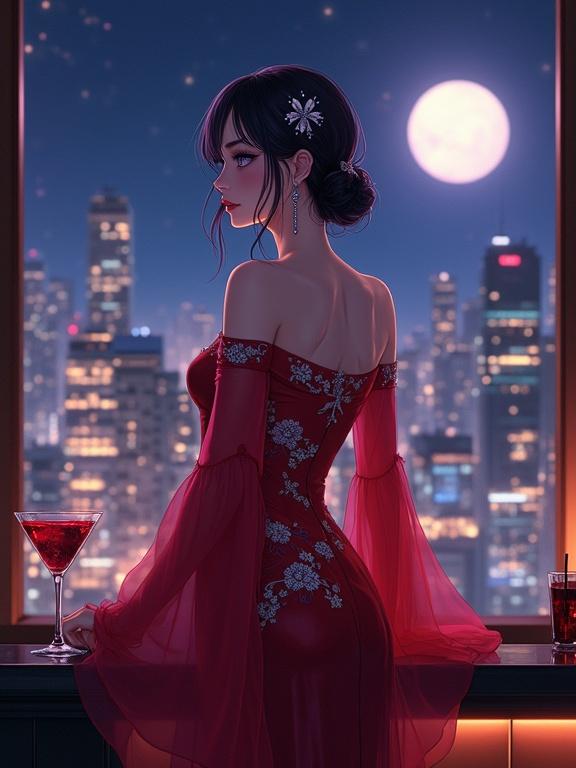 A graceful woman stands facing a floor-to-ceiling window in an upscale lounge. She wears a shiny red gown with silver flowers. Her long earrings shine in ambient light. A cocktail sits on the bar. A city skyline is visible through the glass. The full moon casts a glow. The atmosphere is romantic and elegant.