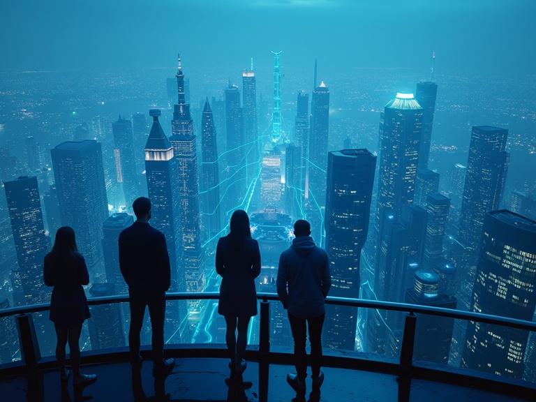 Ultra-wide aerial view of a futuristic city during blue hour. Skyscraper roofs are connected by glowing neon data lines that create a career-network mesh. Diverse silhouettes are seen on rooftops, looking outward. The style is high-contrast cyber-photorealism with sharp reflections.