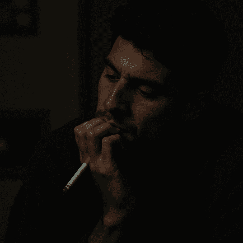 The image depicts a moody, introspective scene featuring a man deep in thought. He is holding a cigarette in his hand, poised near his lips as if contemplating life. The lighting is dim and atmospheric, casting soft shadows on his face, emphasizing a sense of solitude or reflection. The background is blurred and dark, focusing attention on the man’s thoughtful expression.