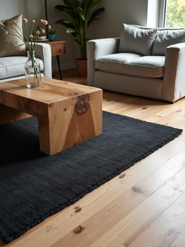 Wooden coffee table made of natural wood. Table is placed on a large black oriental rug. The floor is light colored laminate. A chair is visible in the background. There are flowers in a vase on the table. Plants are present near the window.