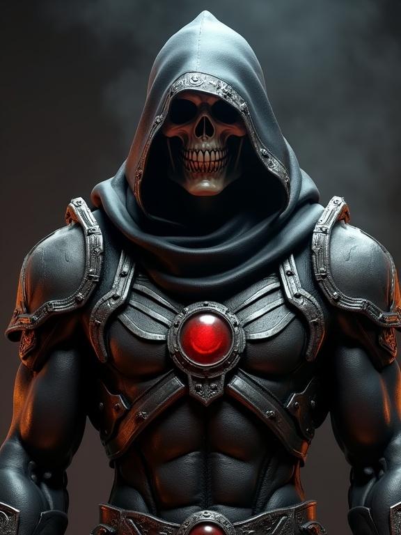 CGI image of muscular armored figure with hood and skull face. Dark metallic armor with intricate designs. Large red gem at chest. Dark smoky gradient background. Figure posed confidently. Dramatic lighting emphasizes features.