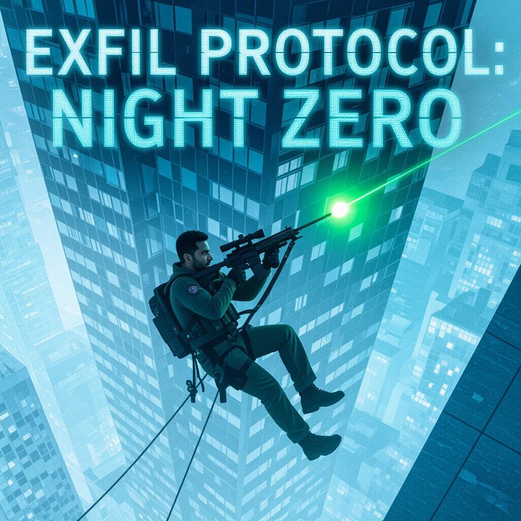 Riz Ahmed rappels down a skyscraper. Sniper fire dodged. Title shown in digital font. Cool blue-green tones dominate. Bright sniper laser glows.