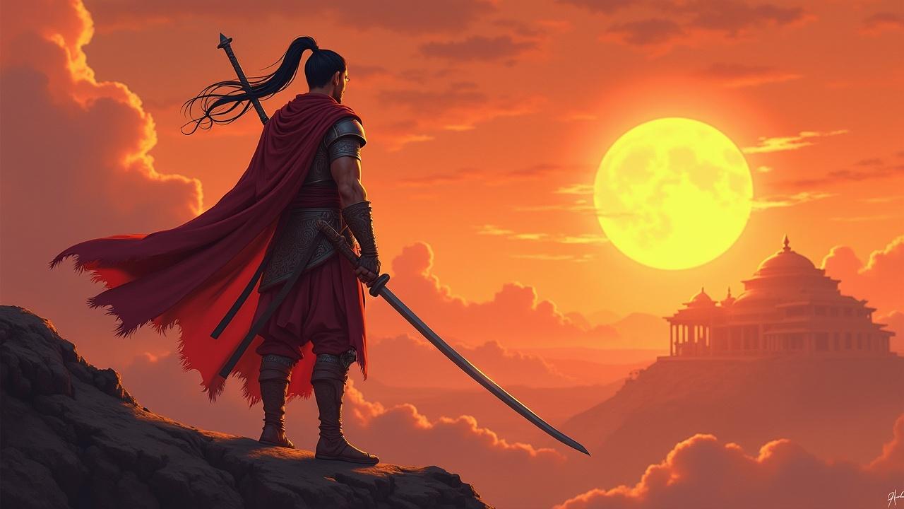 A warrior with a sword stands on a cliff, gazing at a distant temple with a vibrant sunset in the background.