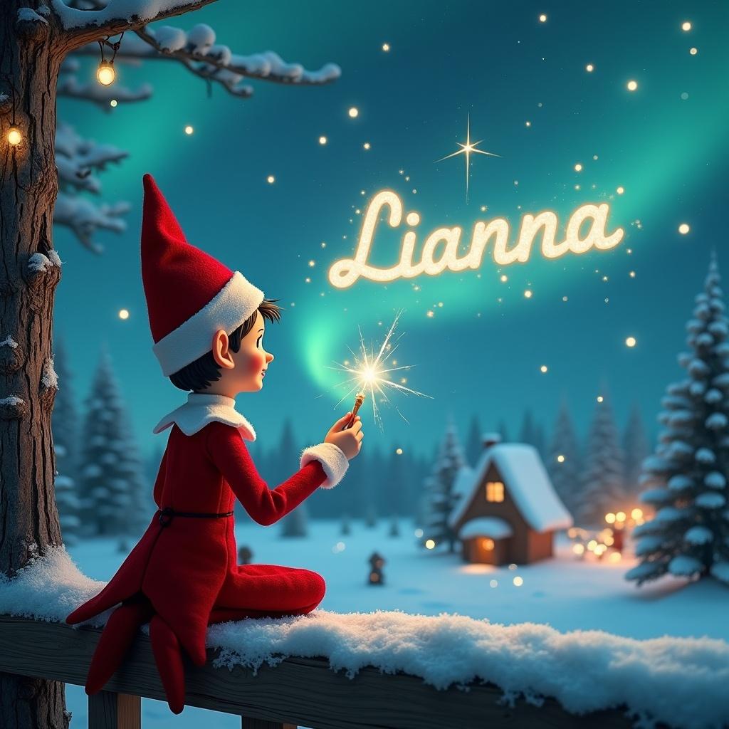 An elf sits on a wooden ledge. The elf is gazing at a magical sky. The elf wears a red outfit and a pointed hat. The elf holds a sparkling wand. With the wand, the elf writes the name 'Lianna' in the sky. The background features a snowy landscape with charming little houses and evergreen trees. The scene captures childhood magic and Christmas cheer.