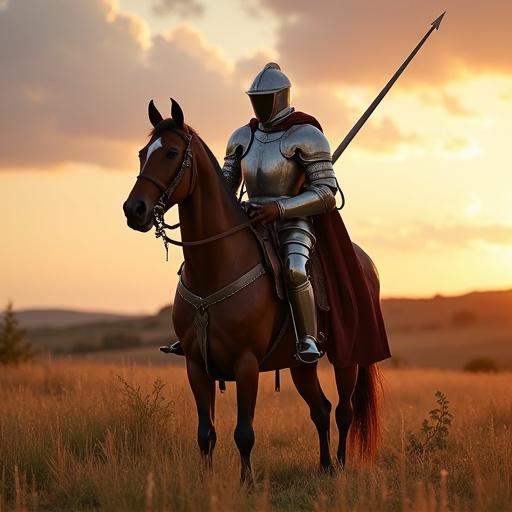 A knight stands on a horse in full armor in a grassy field at sunset. Armor shines under warm golden light. Knight holds a spear and reins of a brown horse. Sky features soft oranges, pinks, and deeper blues. Natural light highlights textures of the scene.