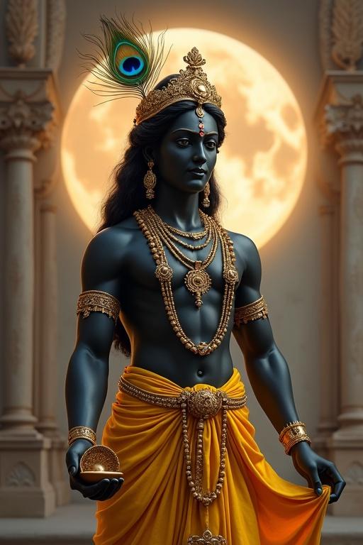 Divine representation of Lord Krishna depicted with a black hue indicating the universe. Figure adorned in golden yellow dhoti with layers of jewelry. Peacock feather on crown. One hand holding chakra while the other holds conch shell. Heavenly court backdrop with an ethereal glow.